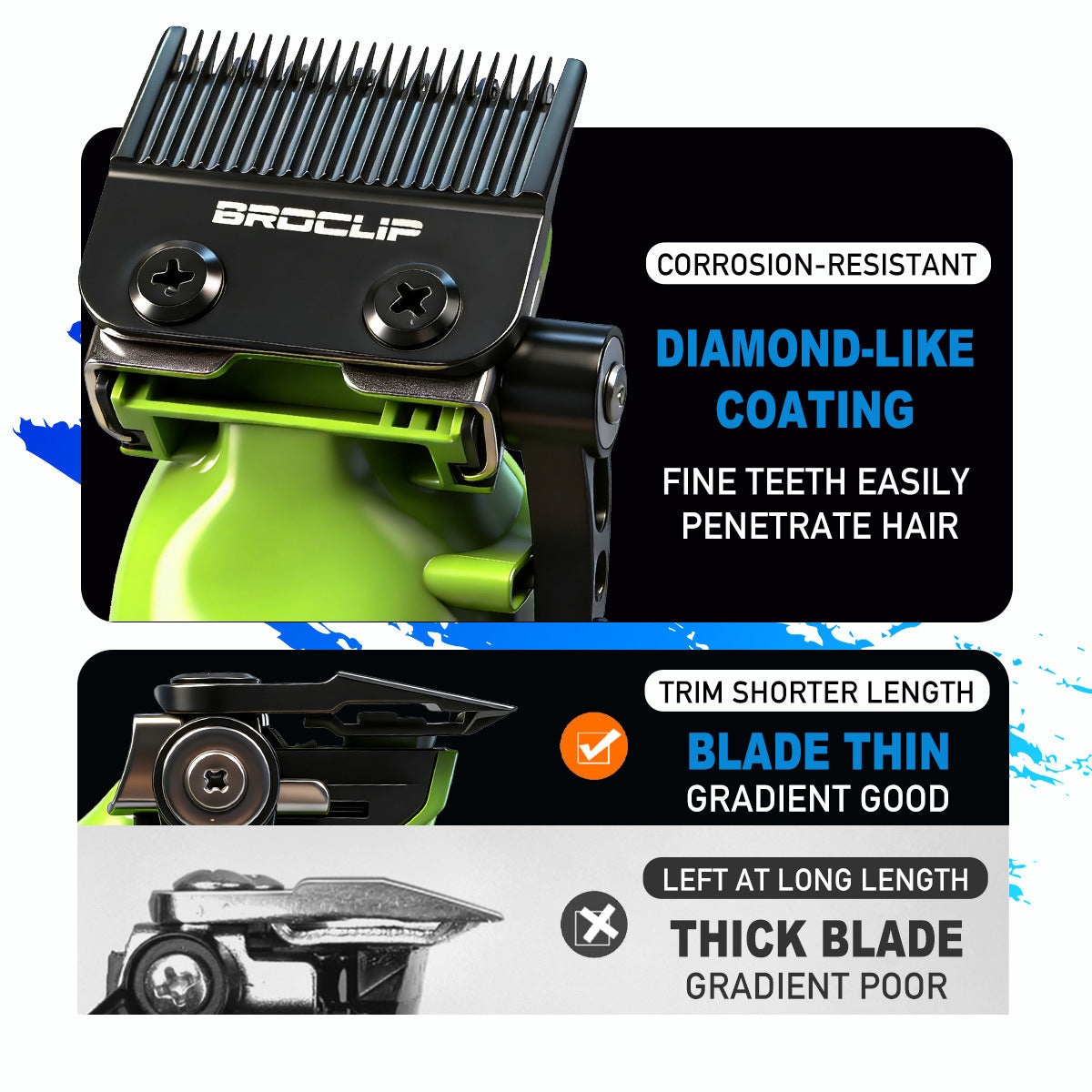 Hair clipper blade with features highlighted on a white background