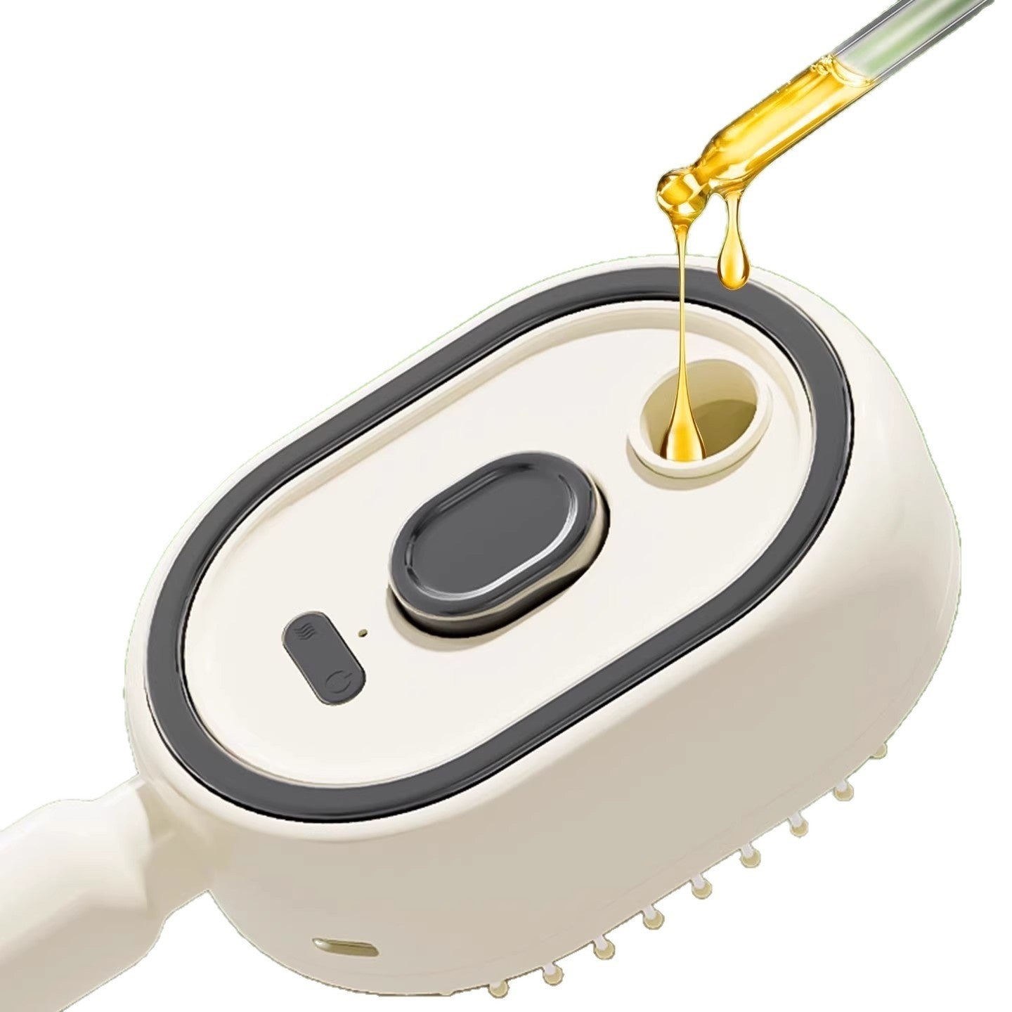 White electronic device with a black button being dripped on by a dropper with yellow liquid.