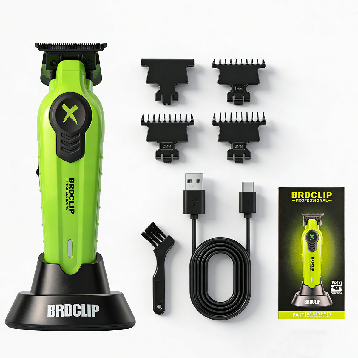 Green hair trimmer set with attachments and packaging on a white background