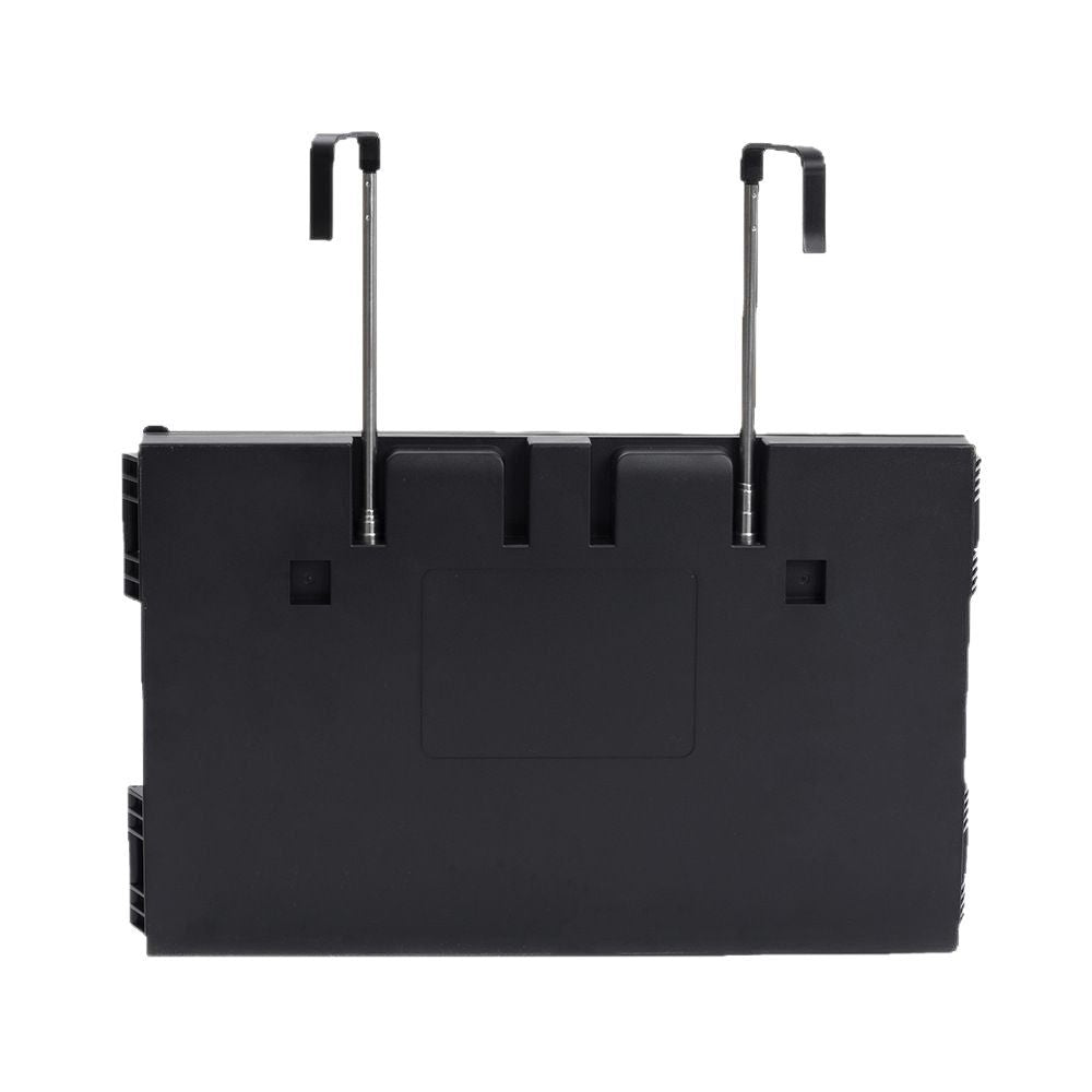 Black rectangular object with two handles on a white background