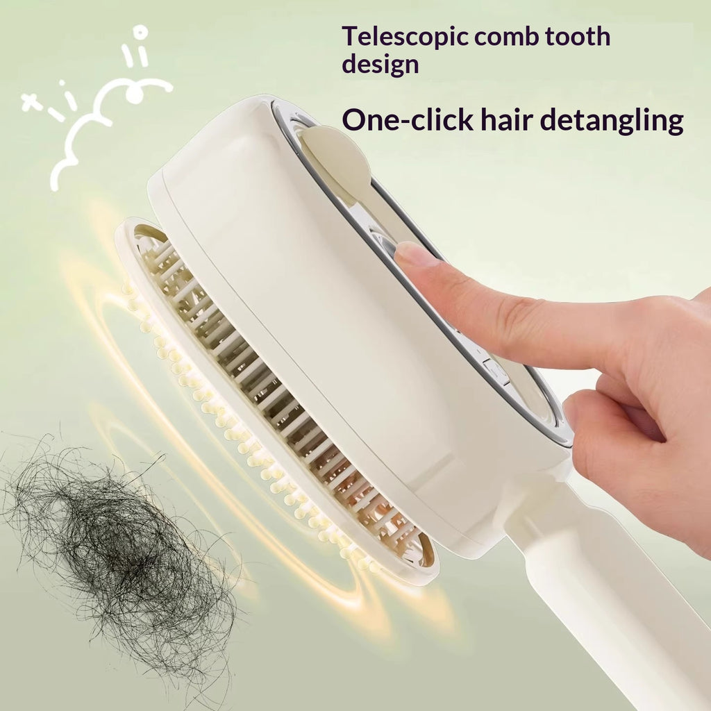 Hair detangling tool with telescopic comb tooth design and one-click hair detangling feature, showing a hand using it.