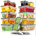 Set of clear food storage containers with various food items inside on a white background