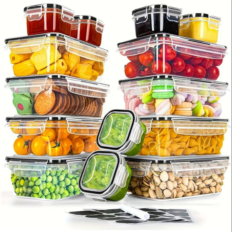 Set of clear food storage containers with various food items inside on a white background