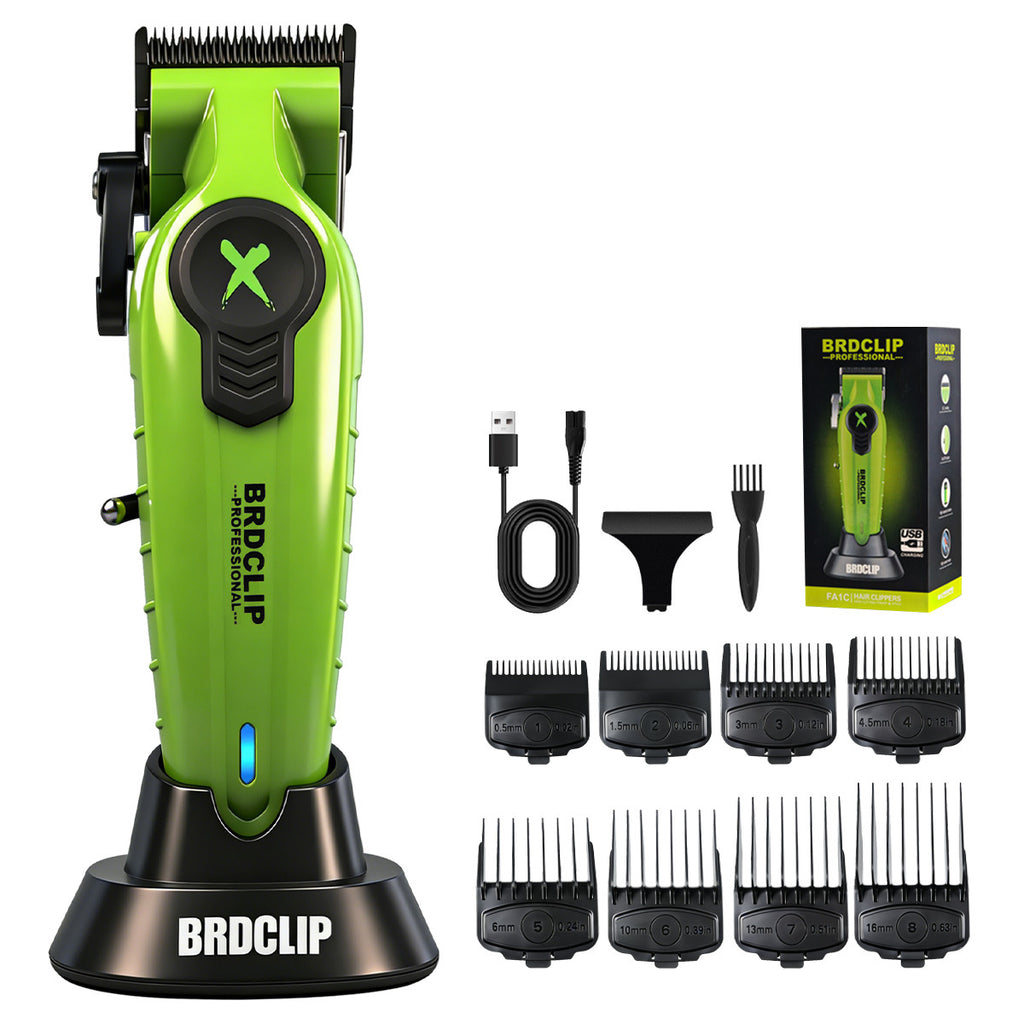 Green hair trimmer set with attachments and packaging on a white background