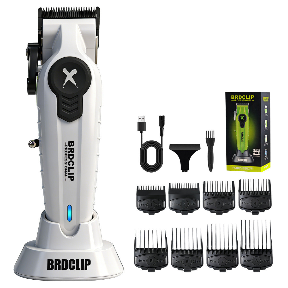 Hair trimmer set with attachments and packaging on a white background