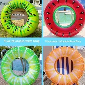 Four colorful inflatable swim rings with fruit-themed designs on a poolside background.