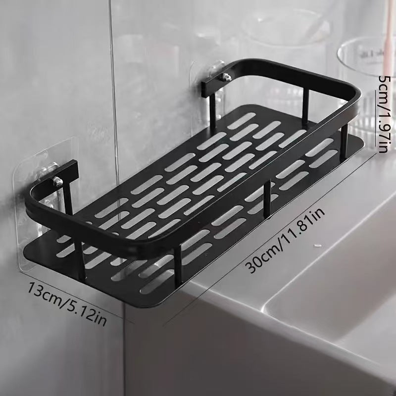 Black metal shelf with dimensions labeled on th wall