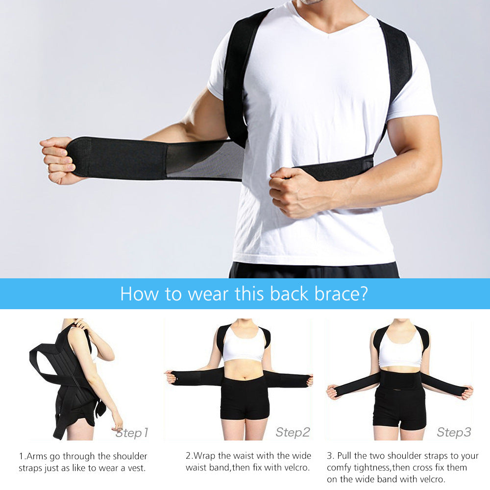 Person wearing a black back brace with instructions on how to wear it.