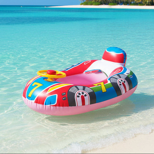 Colorful inflatable child's car seat with steering wheel on water