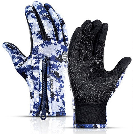Pair of gloves with blue camouflage pattern and black textured palm on a white background