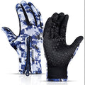 Pair of gloves with blue camouflage pattern and black textured palm on a white background
