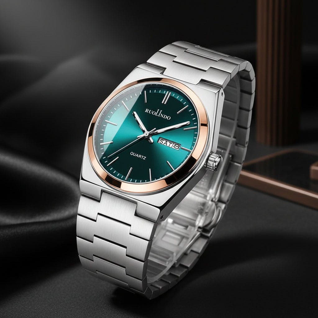 Silver watch with a green face on a wrist, close-up shot