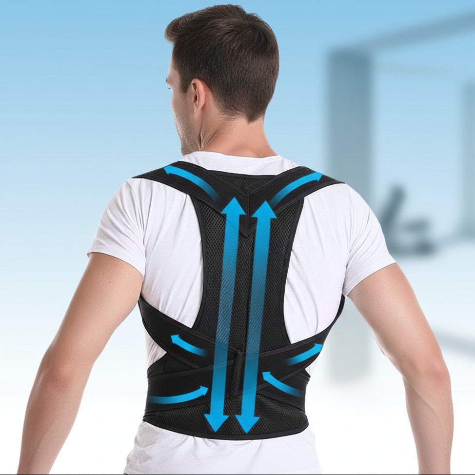 Person wearing a black posture corrector with blue arrows against a light blue background
