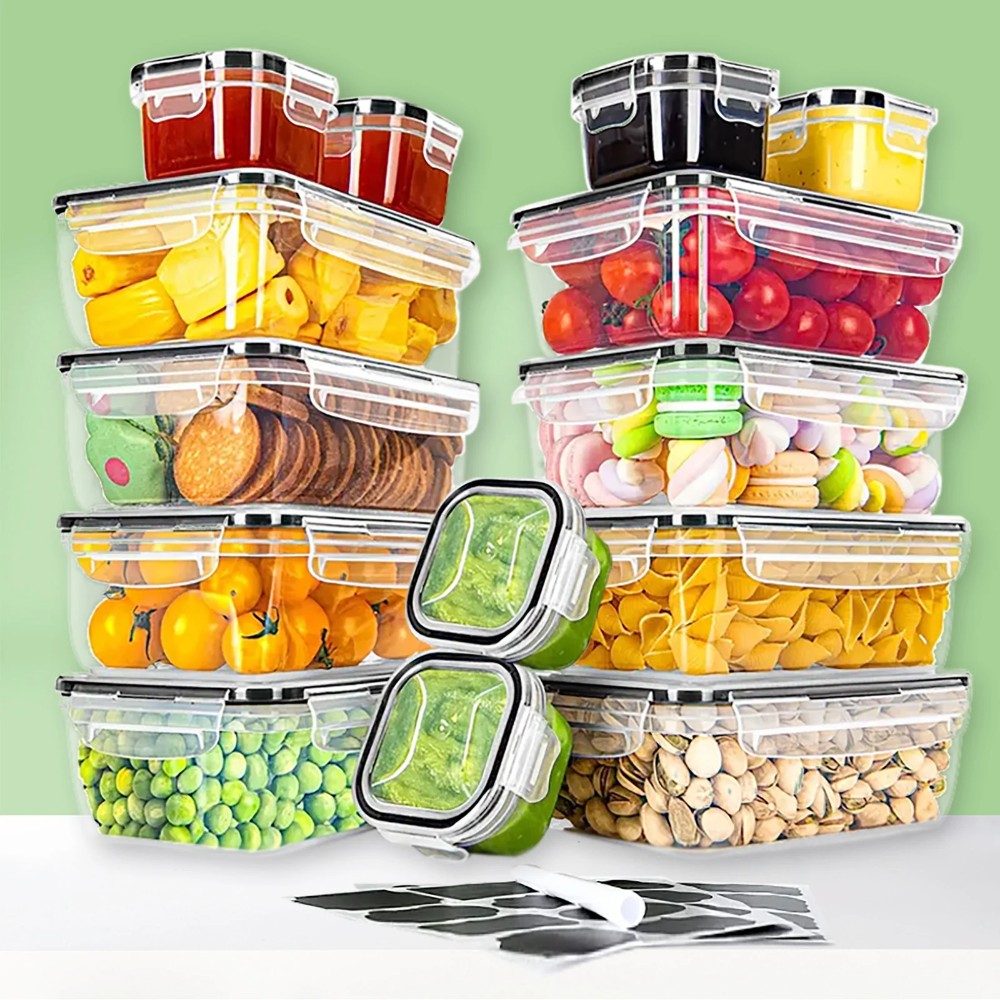 Stack of clear food storage containers with various food items on a white surface against a green background.