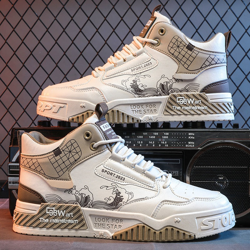 Beige high-top sneakers with black graphics and text on a dark background