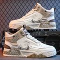 Beige high-top sneakers with black graphics and text on a dark background