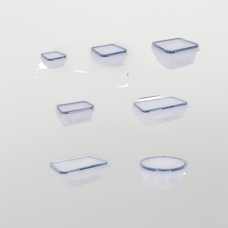 Set of clear plastic containers with blue lids on a white background