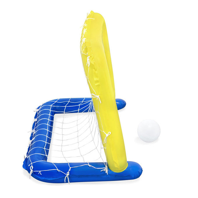 Inflatable pool soccer goal with yellow upright and blue net on a white background
