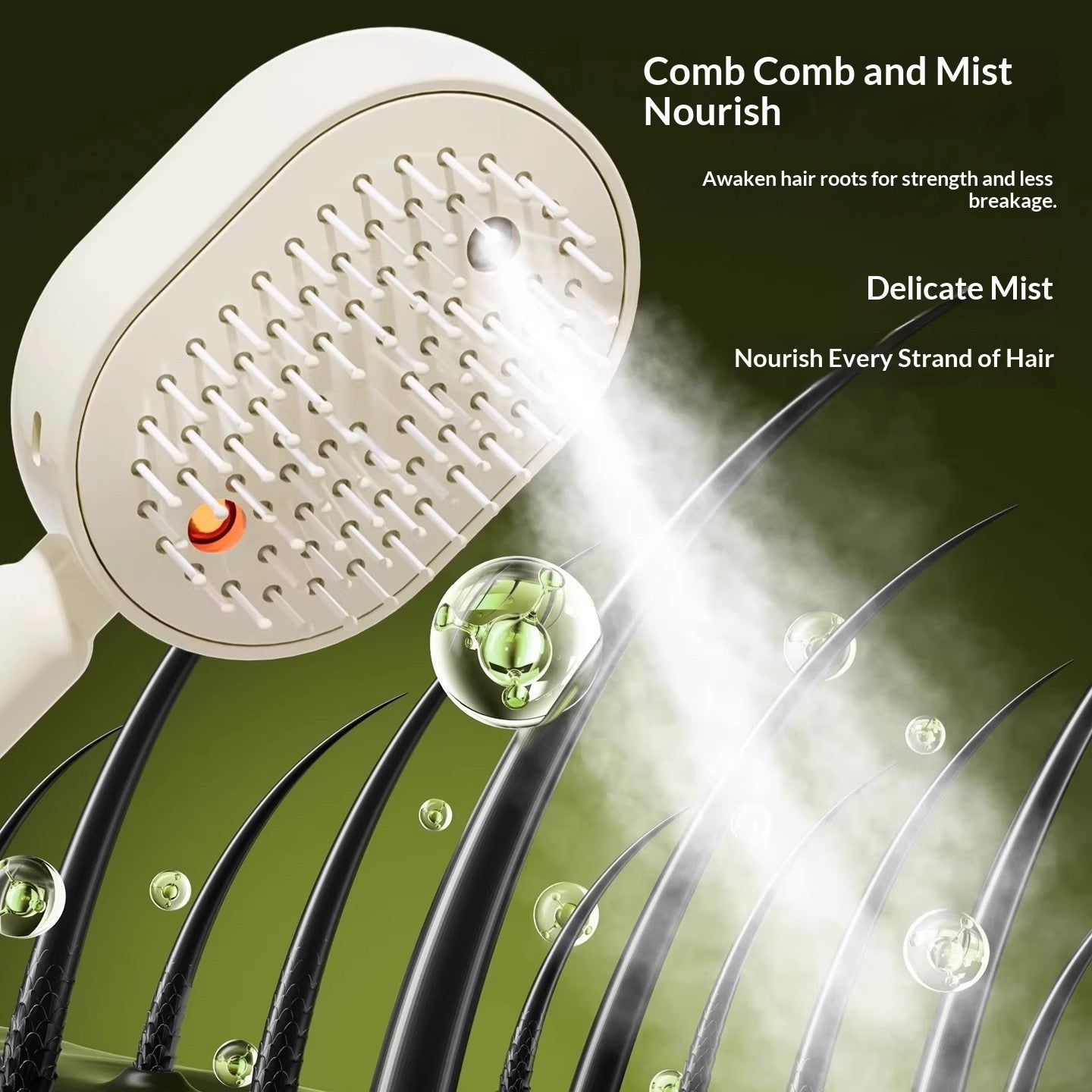 Handheld showerhead with steam and hair strands on a dark background