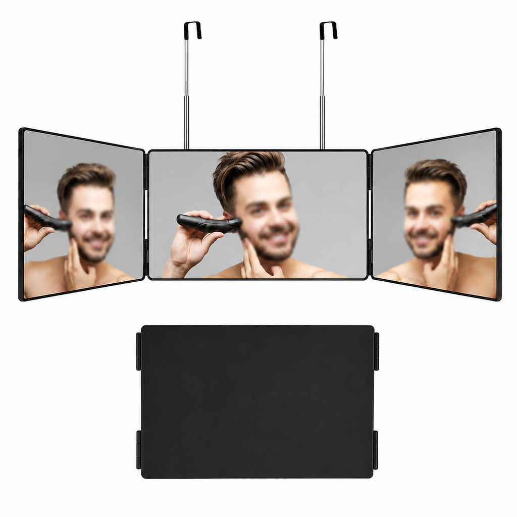 Three-panel mirror with a man using an electric razor on a white background