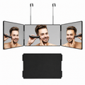 Three-panel mirror with a man using an electric razor on a white background