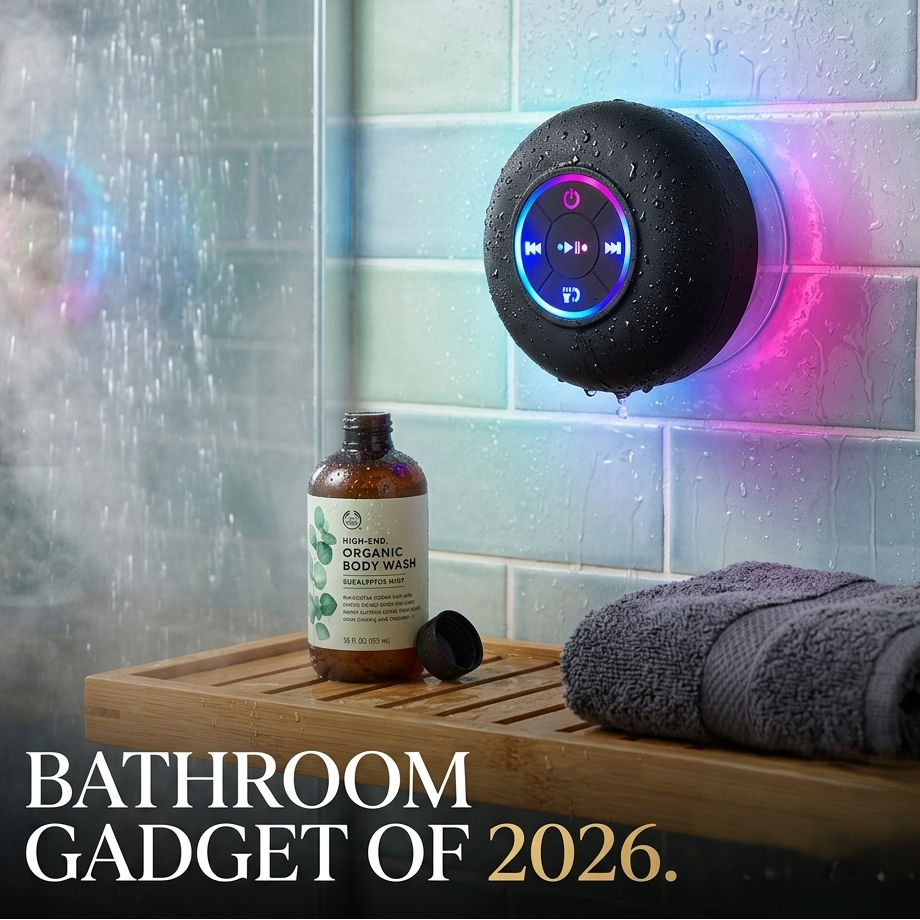 Shower speaker with a bottle of body wash and towel on a wooden shelf in a shower setting.
