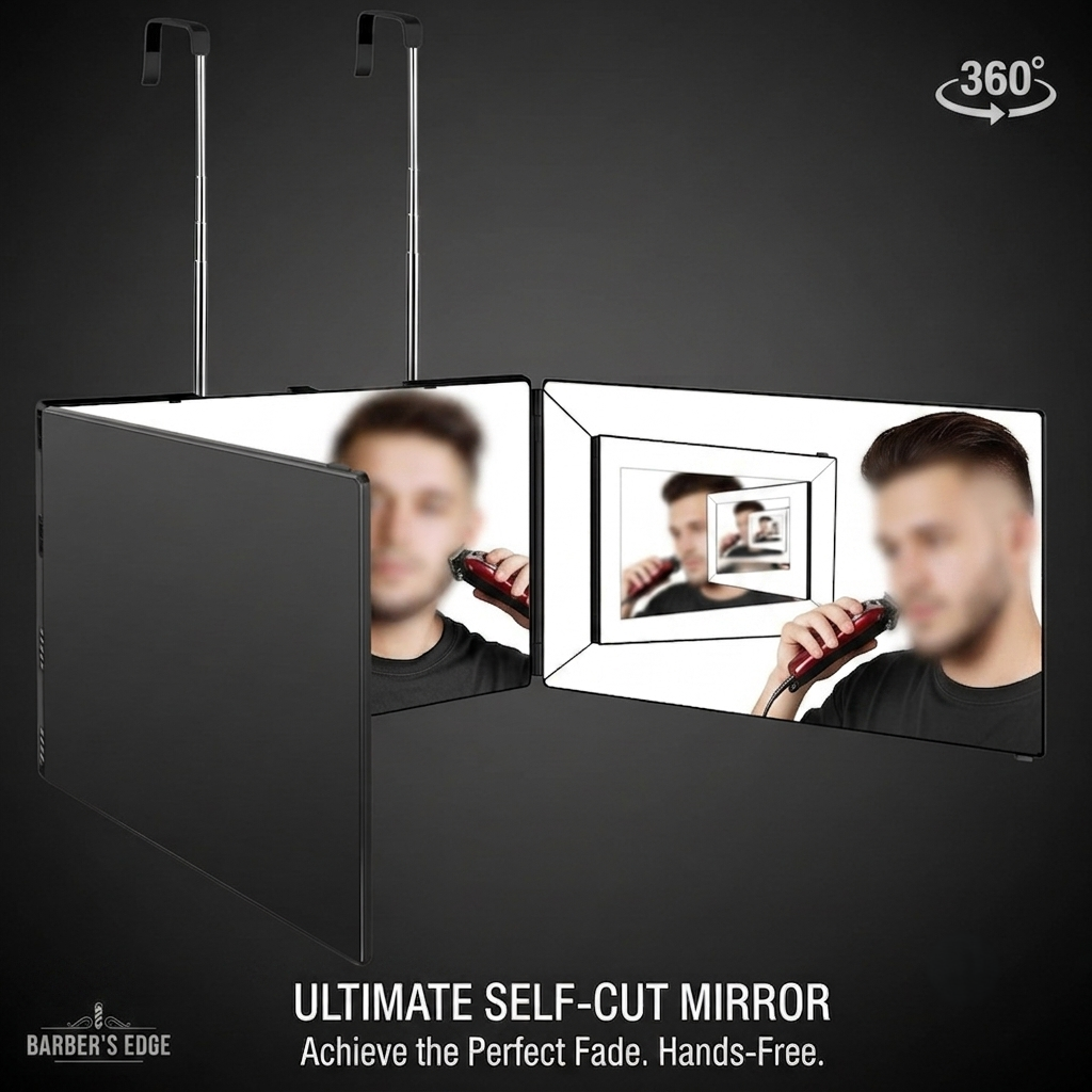 Mirror with 360-degree view and 'Barber's Edge' branding, used for self-cutting hair.