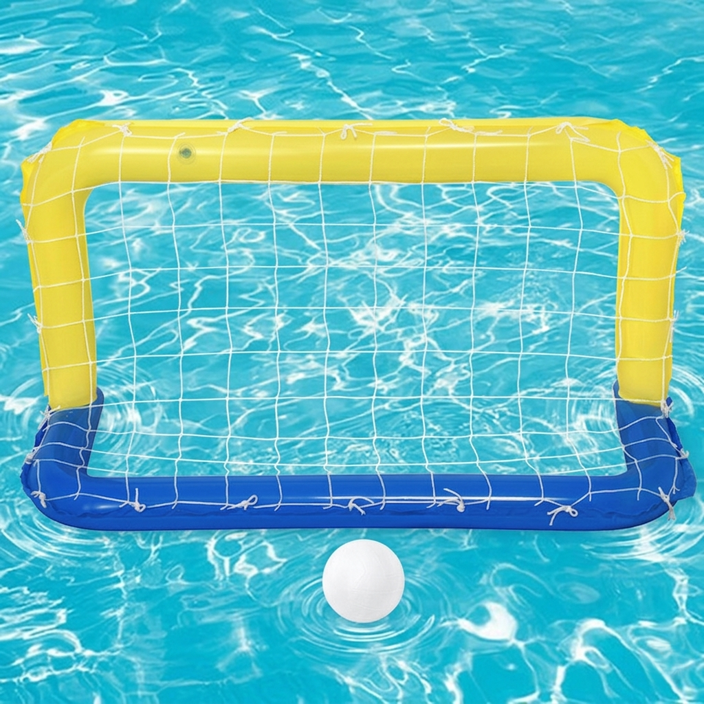 Inflatable soccer goal with a ball in a pool