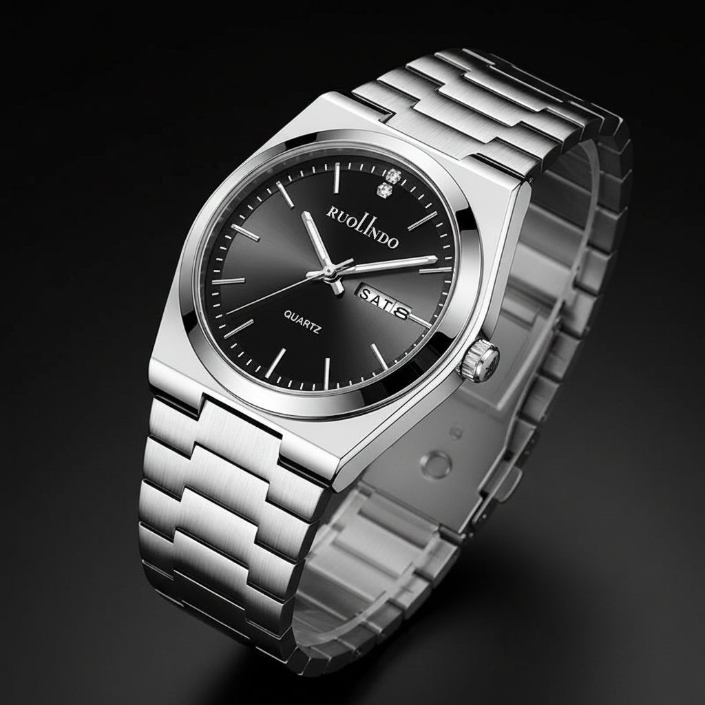 Silver watch with black dial on a dark background