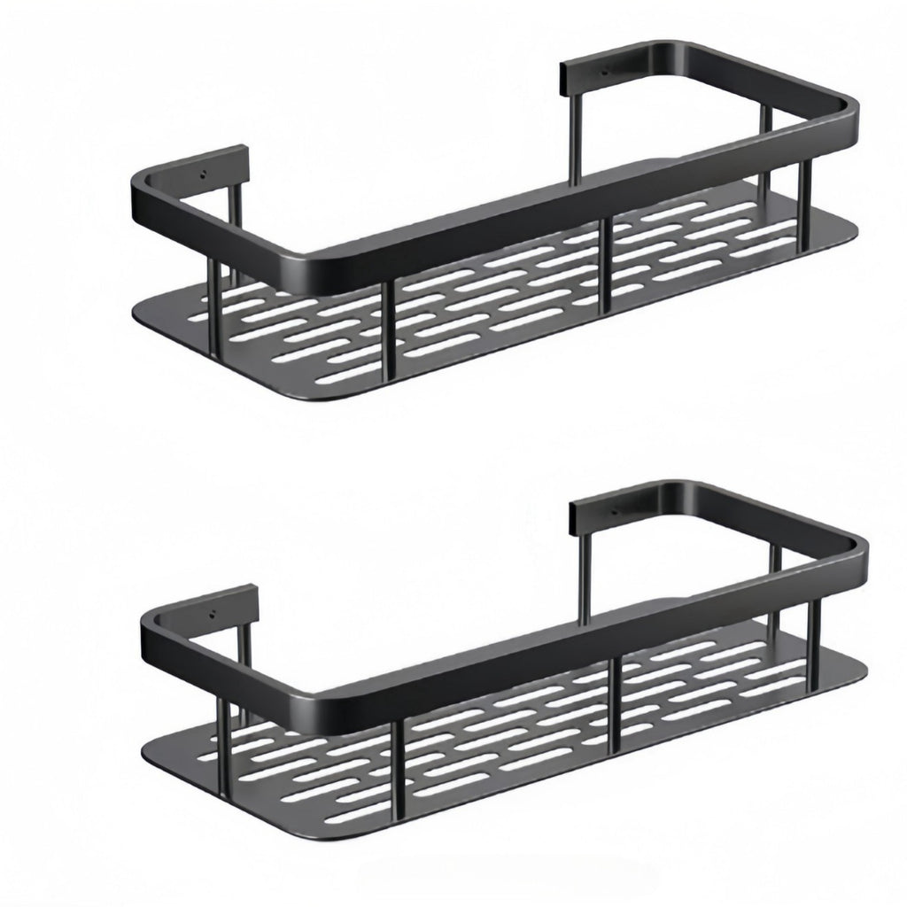 Two black metal shower shelves on a white background