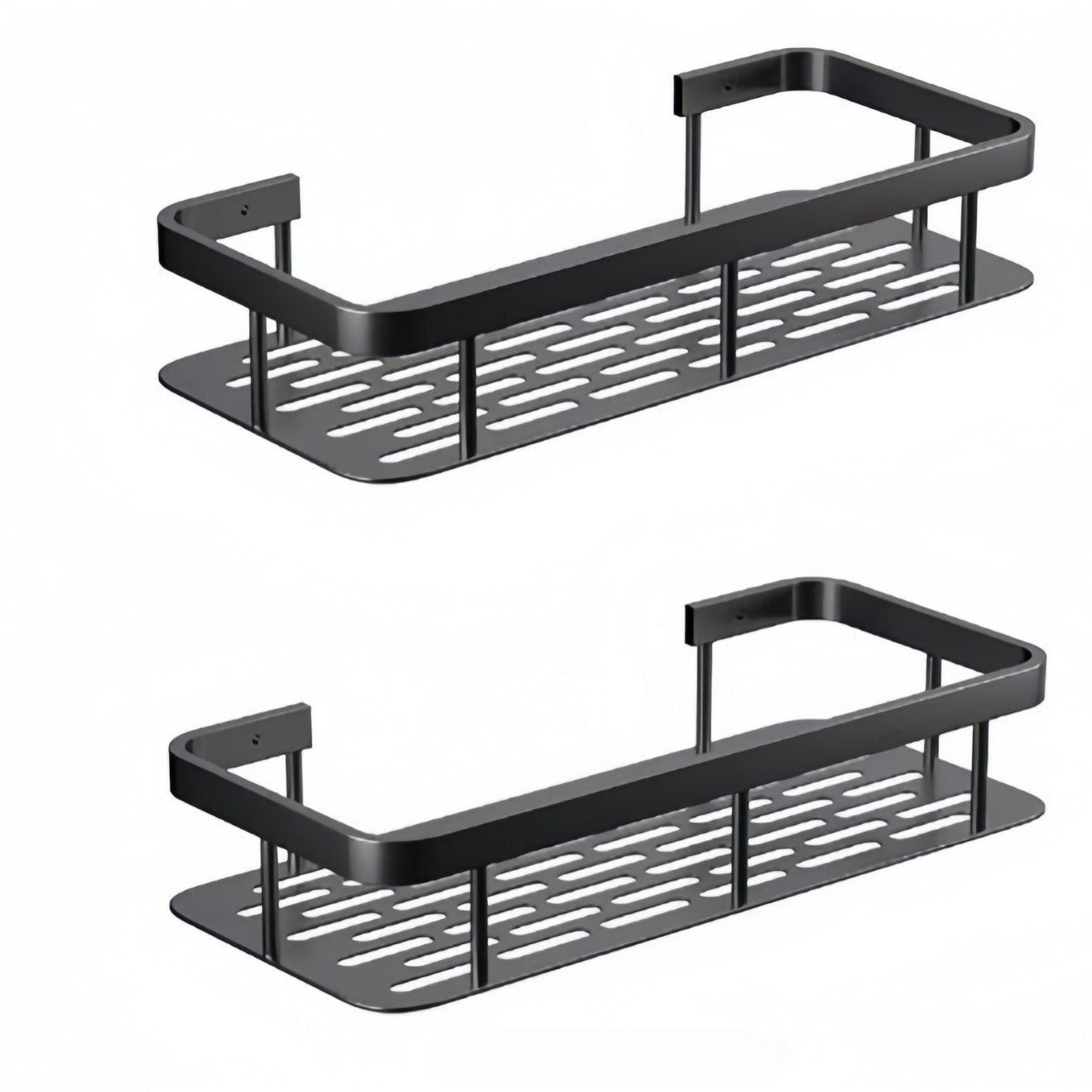 Two black metal shower shelves on a white background