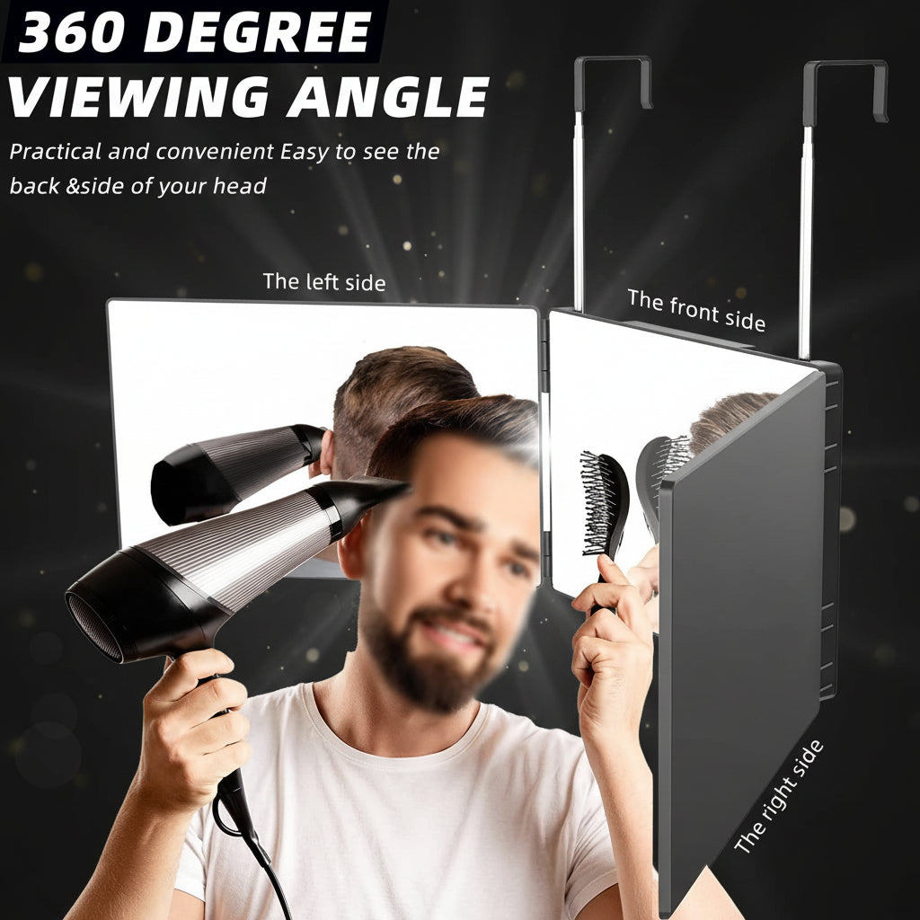 Person using a hair dryer with a 360-degree viewing angle mirror on a black background.