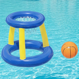 Inflatable pool basketball hoop with a ball in a swimming pool