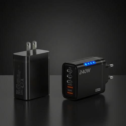 Two black power adapters on a reflective surface with a dark background