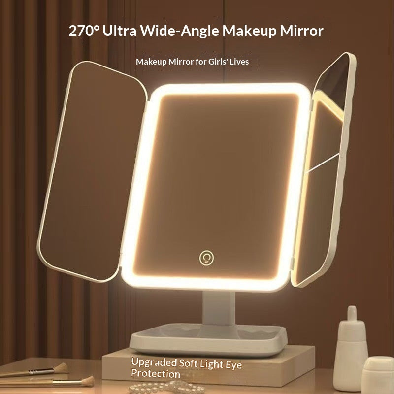 270-degree ultra wide-angle makeup mirror with LED lights on a brown background
