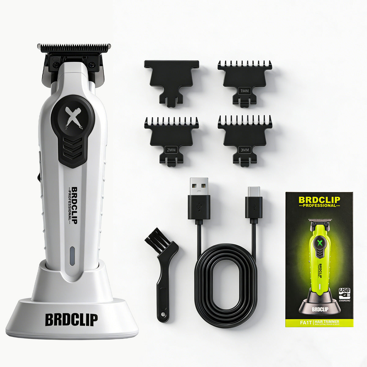 BRDCLIP hair trimmer set with attachments and packaging on a white background