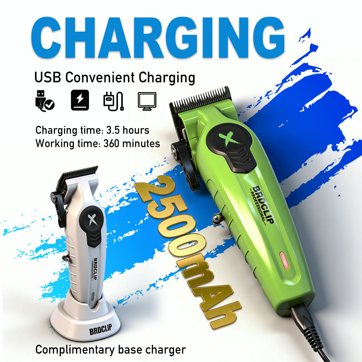 Green and white hair clippers with charging information on a blue and white background