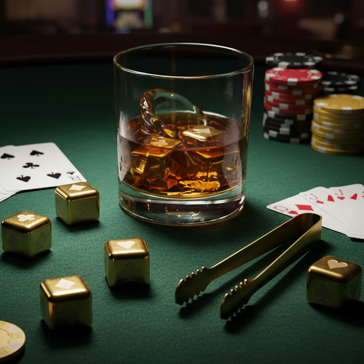 A whiskey glass with amber liquid and ice on a green felt table, surrounded by gold chips, playing cards, and metal tongs in a dimly lit casino setting.