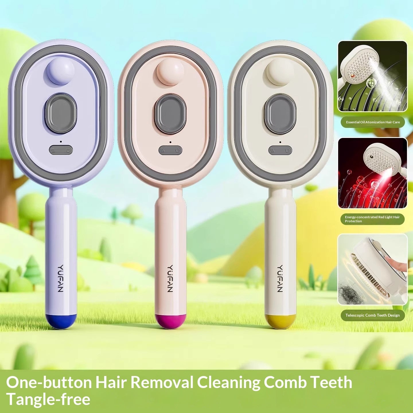 Three hair removal cleaning combs with 'YUAN' branding on a scenic background