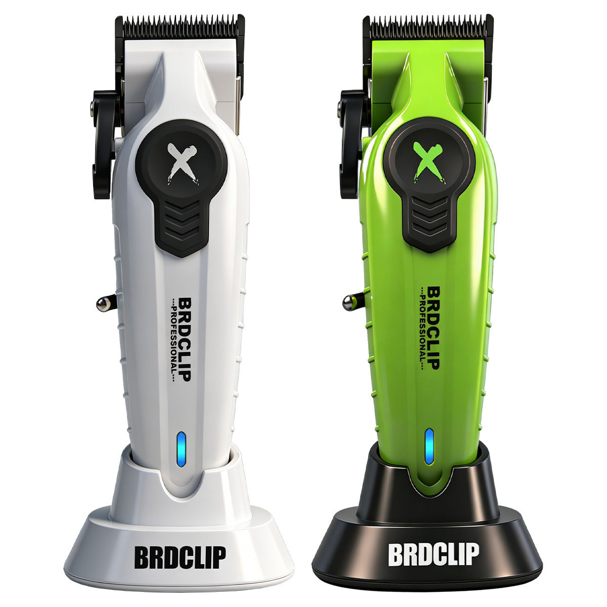 Two hair clippers, one white and one green, on stands with 'BRDCLIP' branding.