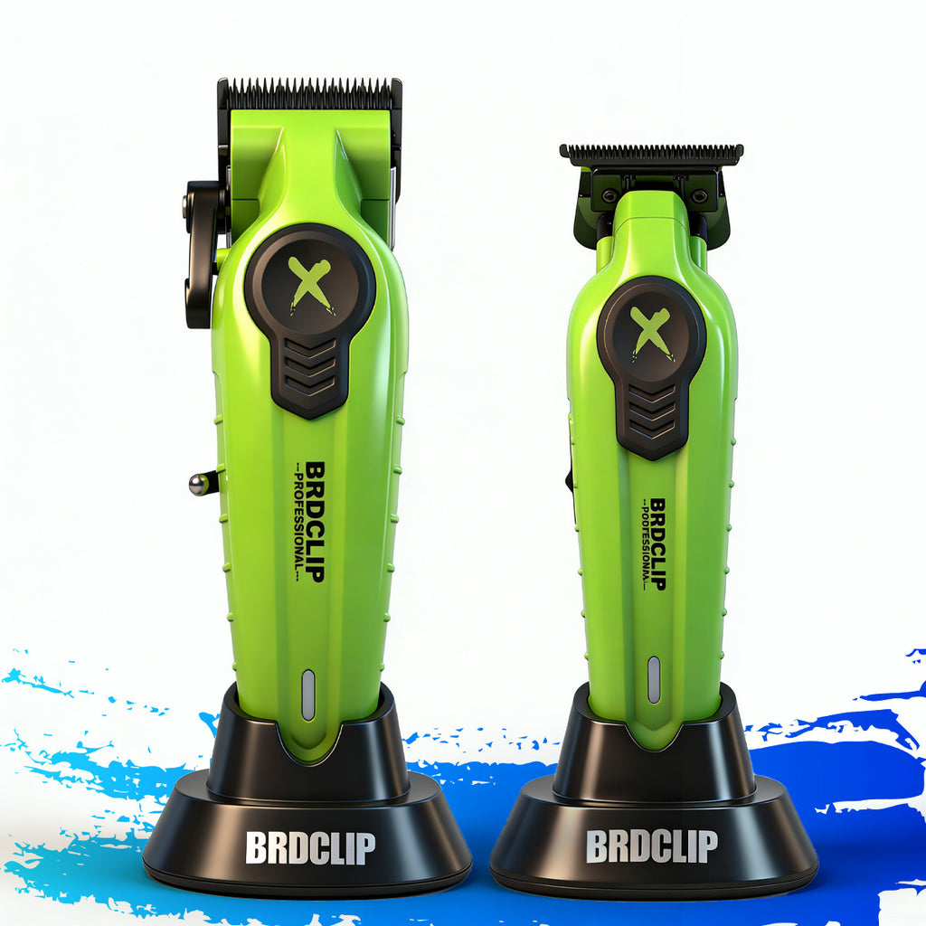 Two green hair trimmers on black stands with a blue and white background