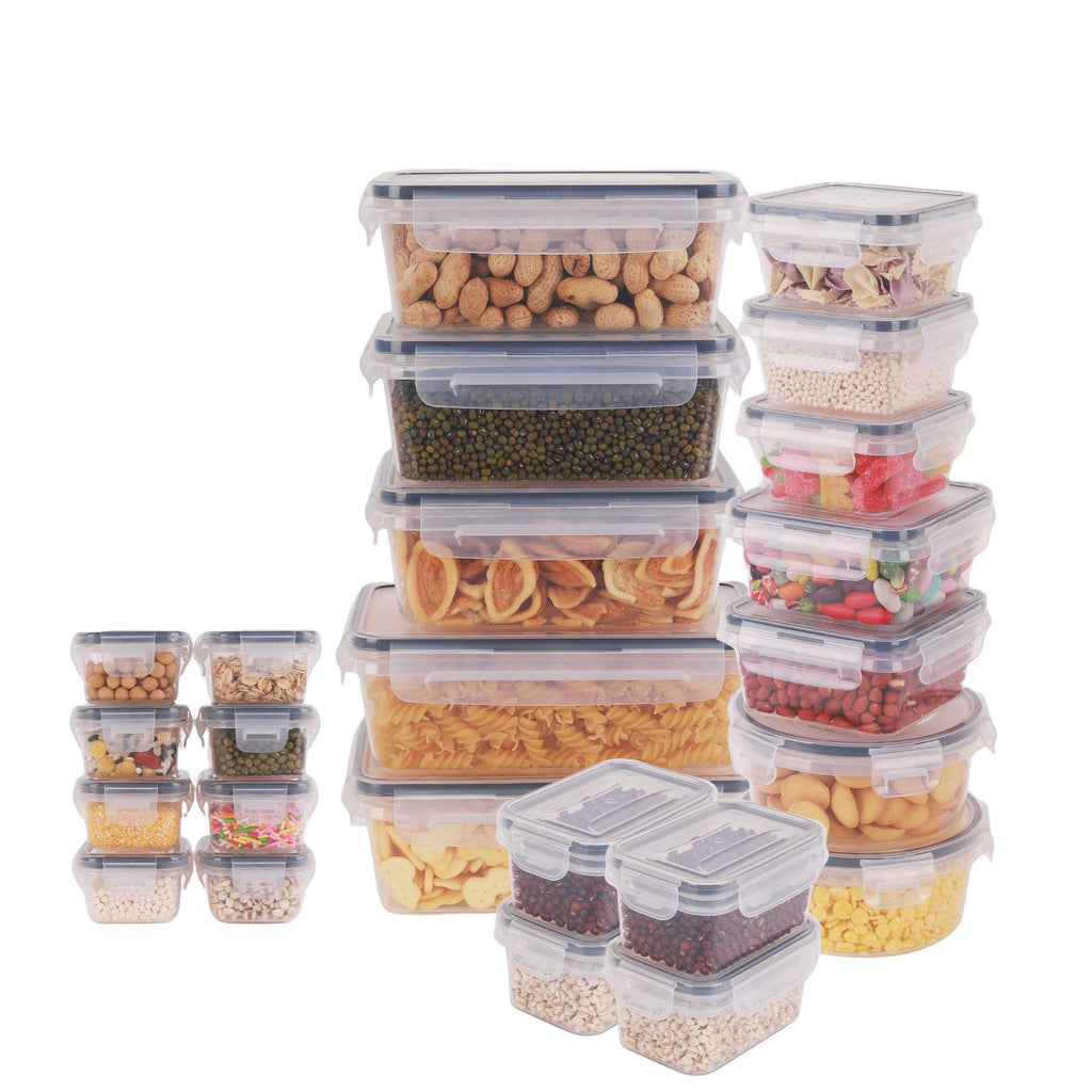 Set of clear plastic food storage containers with various food items inside on a white background