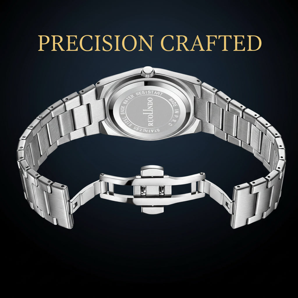 Silver watch with metal band on a dark background