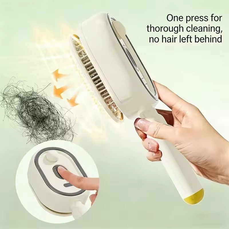 Handheld cleaning brush with hair being removed, on a light green background.