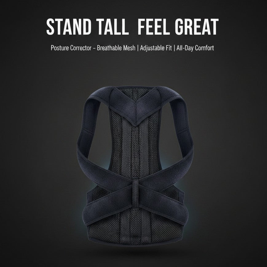 Black posture corrector on a dark background with text about its features.