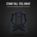 Black posture corrector on a dark background with text about its features.