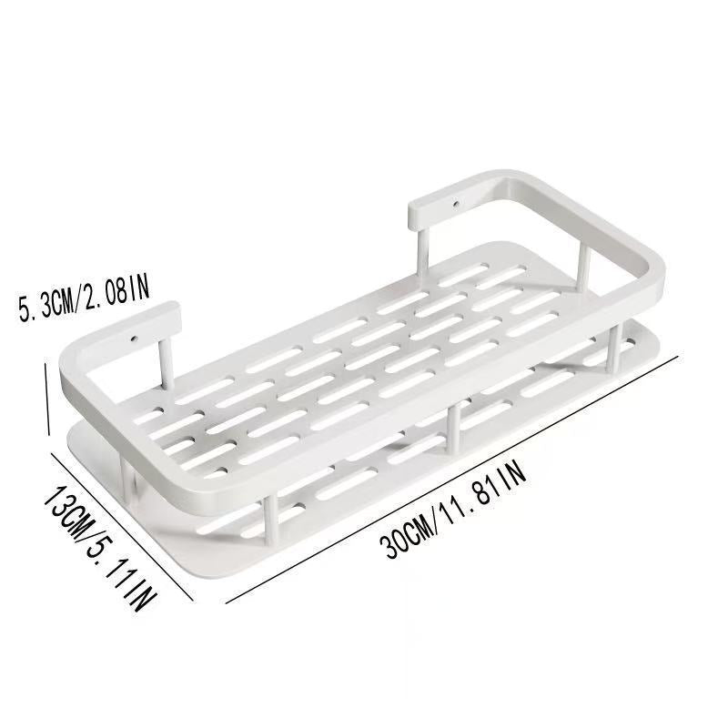 White metal shelf with dimensions labeled on a white background