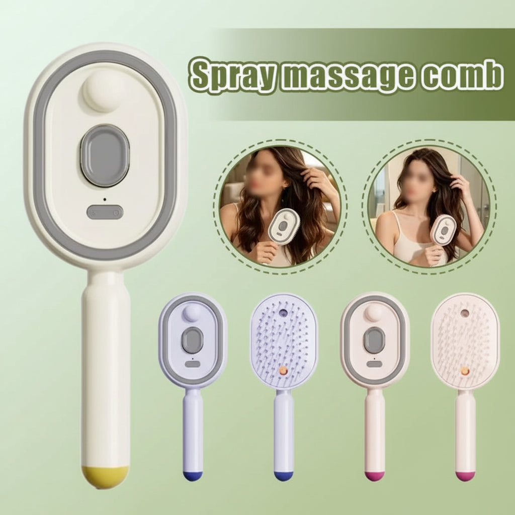 Spray massage comb with multiple color options and user images demonstrating its use.