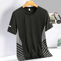 Black t-shirt with white stripes on a hanger against a neutral background